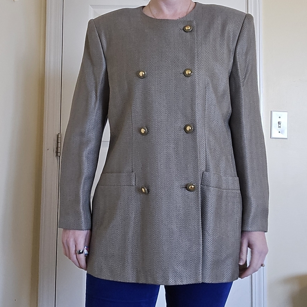 Vintage Kasper Herringbone  Double-Breasted Beige Blazer Size 14P Set With Skirt